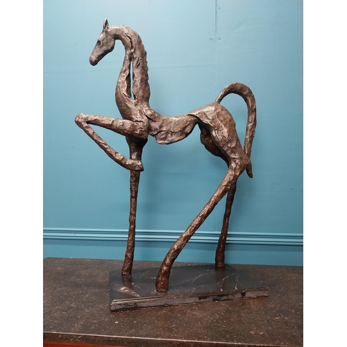 220 - Contemporary bronze sculpture of a horse on a marble base {88cm H x 62 cm W x27 cm D}