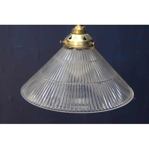 267 - Brass pulley  light with ribbed glass shade  {H 113cm x Dia 25cm}.