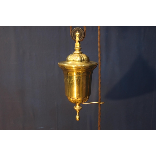 267 - Brass pulley  light with ribbed glass shade  {H 113cm x Dia 25cm}.