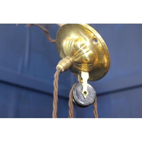 267 - Brass pulley  light with ribbed glass shade  {H 113cm x Dia 25cm}.