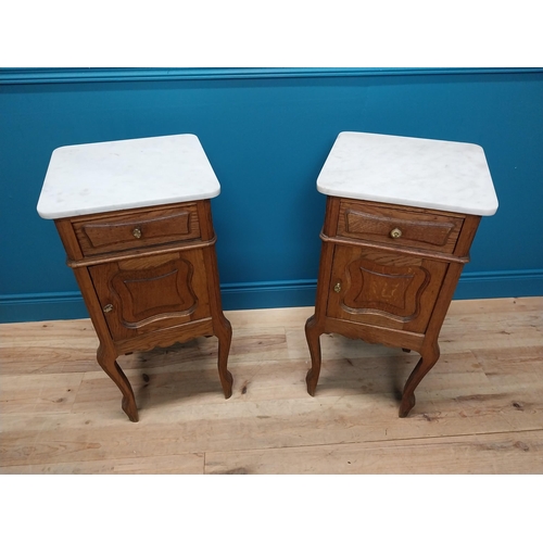 270 - Pair of early 20th C. oak bedside cabinets with marble tops and single drawer above panelled door ra... 