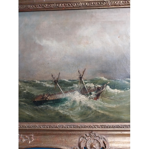 278 - 19th C. oil on canvas Storm at Sea scene mounted in gilt frame {52 cm H x 78 cm W}.