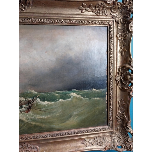 278 - 19th C. oil on canvas Storm at Sea scene mounted in gilt frame {52 cm H x 78 cm W}.