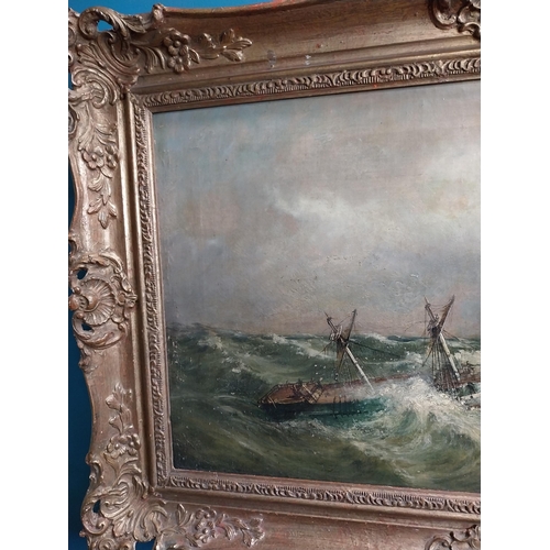 278 - 19th C. oil on canvas Storm at Sea scene mounted in gilt frame {52 cm H x 78 cm W}.