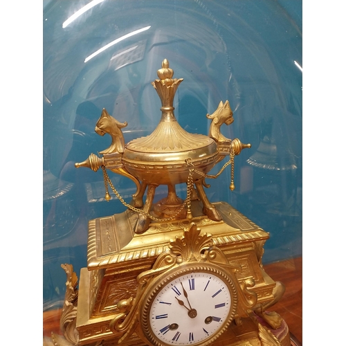 290 - Good quality French gilded metal mantle clock in glass dome {54 cm H x 40 cm W x 21 cm D}.