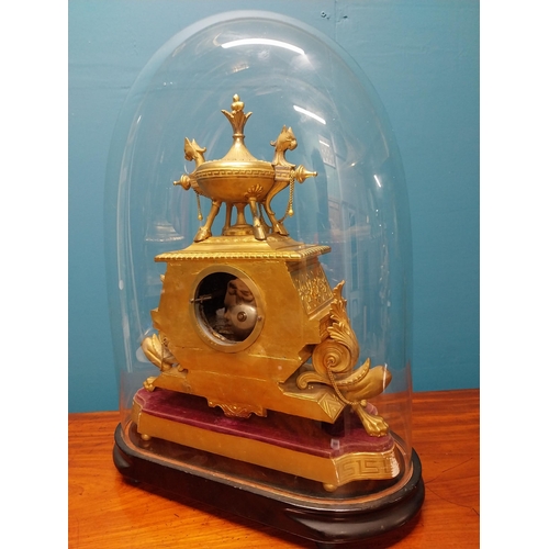 290 - Good quality French gilded metal mantle clock in glass dome {54 cm H x 40 cm W x 21 cm D}.