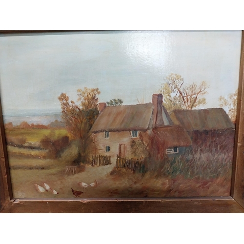 291 - Gill Green Fowl Feeding in Front of the Cottage  framed Oil on Board { 42cm H X 53cm W }.