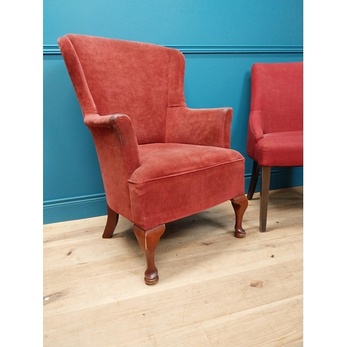 296 - Red velvet upholstered armchair raised on mahogany cabriole legs and upholstered bedroom chair on ta... 