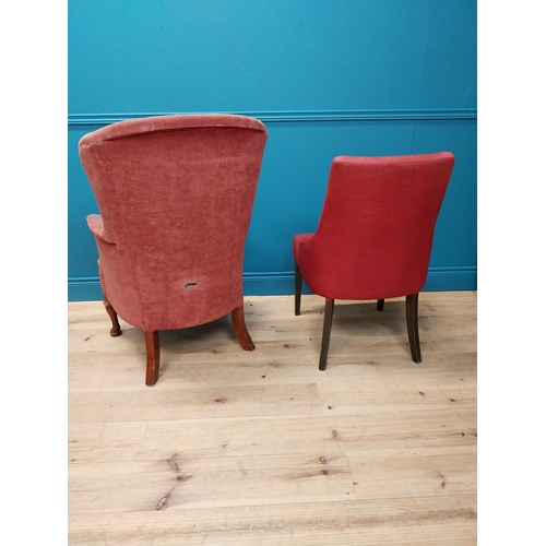 296 - Red velvet upholstered armchair raised on mahogany cabriole legs and upholstered bedroom chair on ta... 