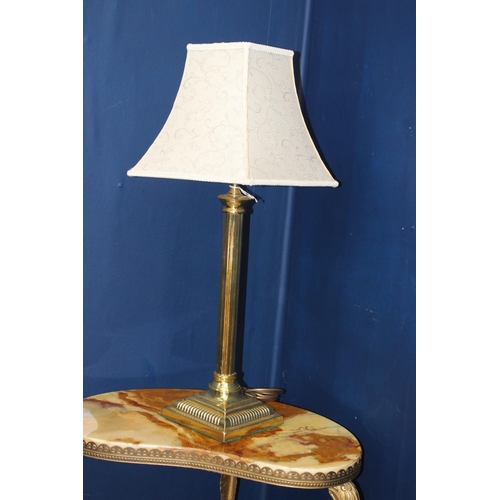 194 - Brass Corinthian column table lamp with cloth shade  {H 71cm x Dia 28cm}.