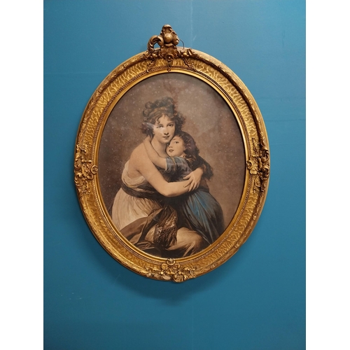 195 - 19th C. Mother and Child coloured print mounted in giltwood frame {66 cm H x 52 cm W}.