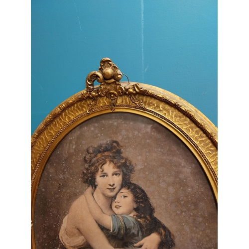 195 - 19th C. Mother and Child coloured print mounted in giltwood frame {66 cm H x 52 cm W}.