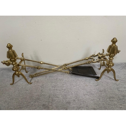 196 - Set of three brass fire irons and brass fire dogs.