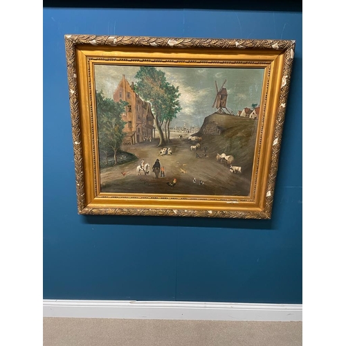101A - 19th C. naive Fernand Cloquet Dutch Village Scene Oil on board signed bottom right  mounted in a gil... 