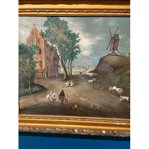 101A - 19th C. naive Fernand Cloquet Dutch Village Scene Oil on board signed bottom right  mounted in a gil... 