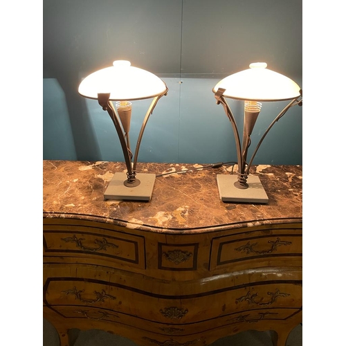 104 - Pair of metal table lamps with milk glass shades and marble base in the Retro style.{ 50 cm H X 30 c... 