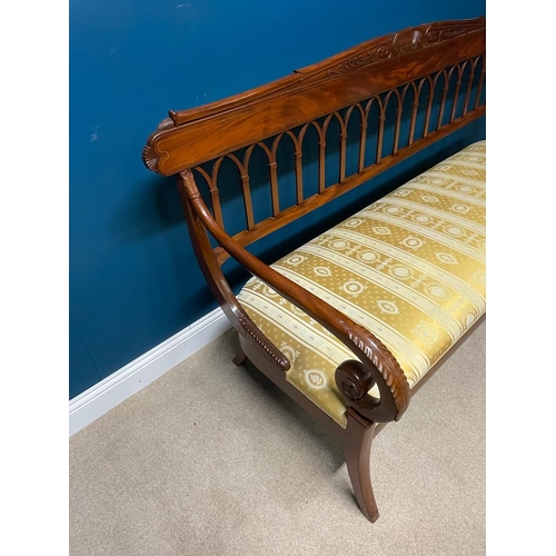 151A - 19th. C. Empire style mahogany hall bench the carved panelled back above arched open panels the upho... 