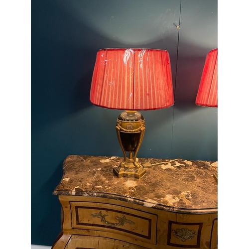 17 - Decorative pair of  brass and marble table lamps with cloth shades.  { 66 cm H X 44 cm Dia }.