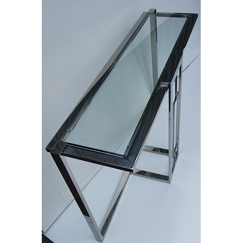 220A - Exceptional quality chrome and glass consul table in the Art Deco style {82cm H x 124cm W x 37cm D}