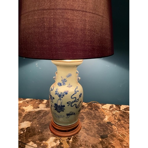 260 - Oriental ceramic blue and white table lamp with shade.  { 80 cm H  X 55 cm Dia }.