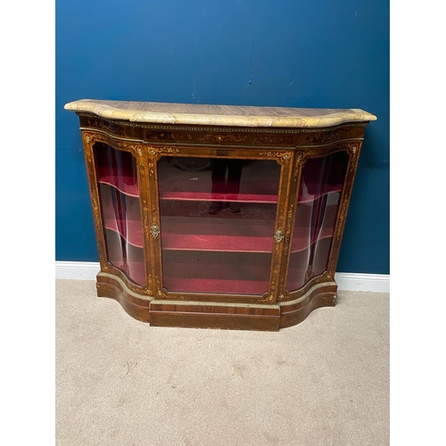 329 - 19th. C. inlaid walnut credenza the serpentine fronted marble top above a glazed door and two shaped... 