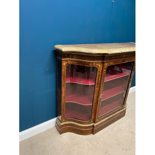 329 - 19th. C. inlaid walnut credenza the serpentine fronted marble top above a glazed door and two shaped... 