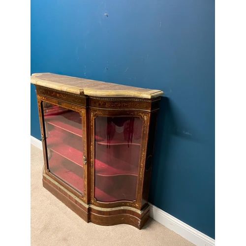 329 - 19th. C. inlaid walnut credenza the serpentine fronted marble top above a glazed door and two shaped... 