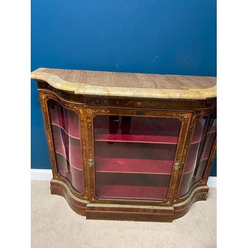 329 - 19th. C. inlaid walnut credenza the serpentine fronted marble top above a glazed door and two shaped... 