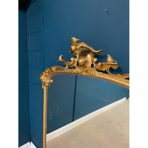 350A - Good quality Victorian gilt overmantle mirror surmounted with shield and scrolls.   { 166 cm H X 148... 