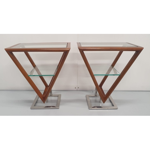 378 - Pair of exceptional quality teak and chrome side tables with glass insert, in the Art Deco style {65... 