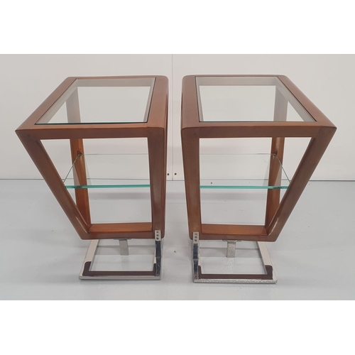 378 - Pair of exceptional quality teak and chrome side tables with glass insert, in the Art Deco style {65... 