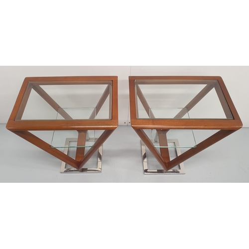 378 - Pair of exceptional quality teak and chrome side tables with glass insert, in the Art Deco style {65... 