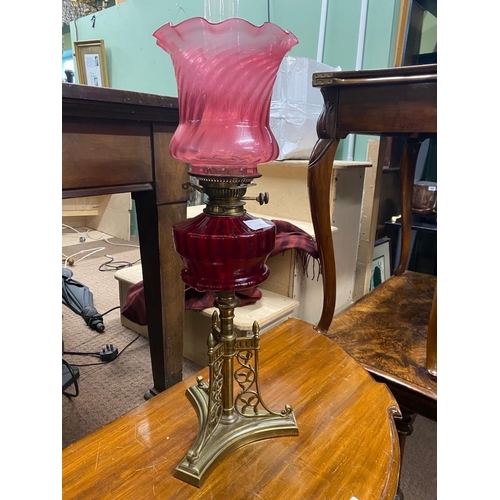 291A - Decorative 19th. C. brass table lamp with ruby glass bowl and shade.