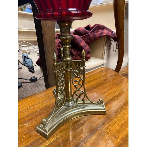 291A - Decorative 19th. C. brass table lamp with ruby glass bowl and shade.