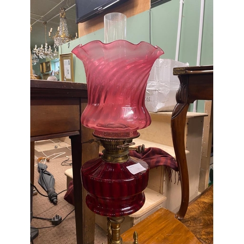 291A - Decorative 19th. C. brass table lamp with ruby glass bowl and shade.