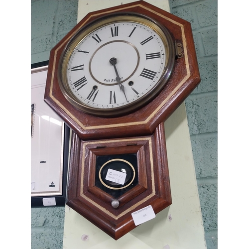 112 - 19th C. mahogany drop dial clock with Seth Thomas inscribed on dial. {53 cm H x 34 cm W x 11 cm D}.