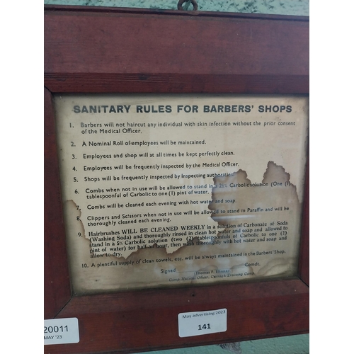 141 - Sanitary Rules for Barber Shops framed advertising print. {24 cm H x 27 cm W}.