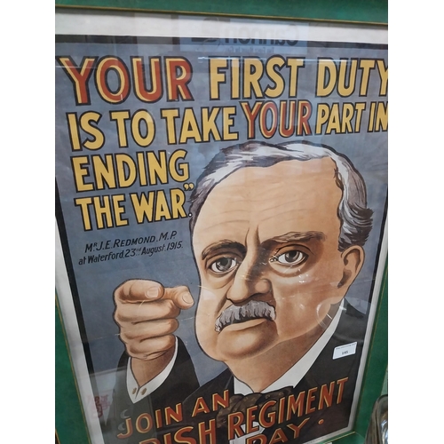 145 - Your first duty is to join a regiment today John Redmond MP advertising print in wooden frame. {65 c... 