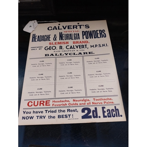 15 - Calvert's Special Headache and Neuralgia Powders Ballyclare cardboard advertisement. {32 cm H x 36 c... 