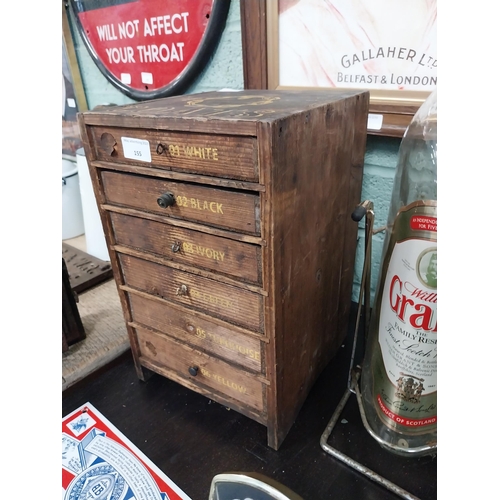 155 - Coats pine counter display cabinet with six graduated drawers. {36 cm H x 24 cm W x 27 cm D}