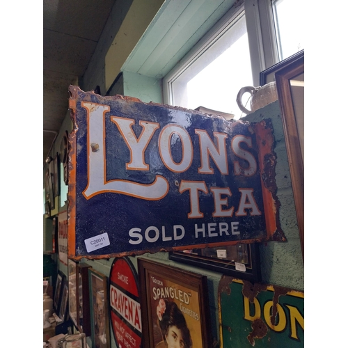 163 - Lyons Tea Sold Here double sided enamel advertising sign. {30 cm H x 40 cm W x 7 cm D}.