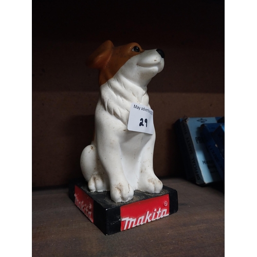 29 - 1970's Makita Ruberoid dog advertising money box {15 cm H x 7 cm W x 9 cm D}.