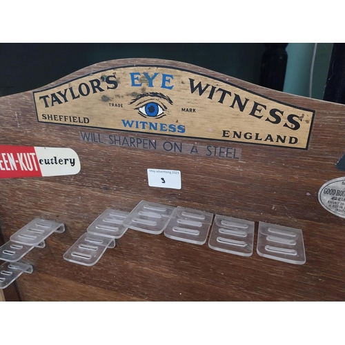 3 - 1950's Taylor's Eye Witness Kleen Kut wooden knife advertisement. {46 cm H x 52 cm W}.