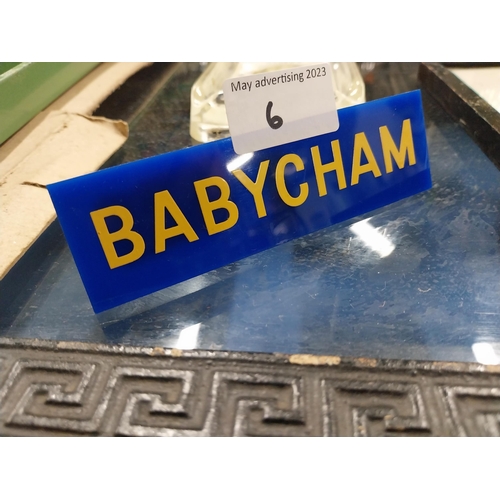 6 - Babycham Perspex clip-on advertising sign. {4 cm H x 13 cm W}.