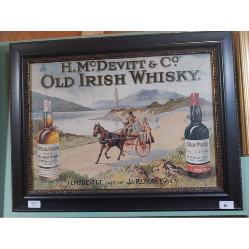 64 - H McDevitt Old Irish Whiskey advertising print in wooden frame. {50 cm H x 66 cm W}.