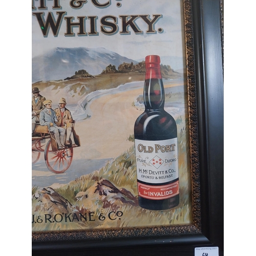 64 - H McDevitt Old Irish Whiskey advertising print in wooden frame. {50 cm H x 66 cm W}.