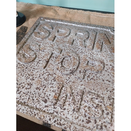 75 - Sprinkler Stop Valve Inside cast iron sign. {33 cm H x 55 cm W}.