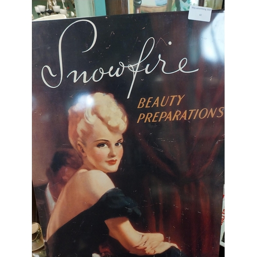 82 - 1950's Snowfire Beauty Preparations celluloid counter showcard. {61 cm H x 38 cm W}.