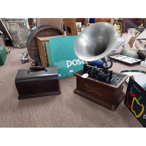 910 - 19th C. Columbia Gramophone with original horn in oak case {17 cm H x 31 cm W x 20 cm D} and collect... 