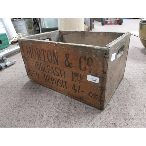 917 - Morton and Co Belfast wooden crate. {22 cm H x 42 cm W x 28 cm D}.